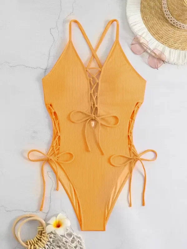 Maillots de bain une pièces col en V profond Push Up pour femmes