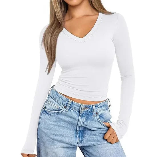 T-shirt décontracté à col en V et manches longues pour femmes