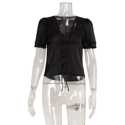 Chemisier Satin Femme – Col V et Dentelle
