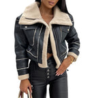 Veste en peluche patchwork PU pour femmes
