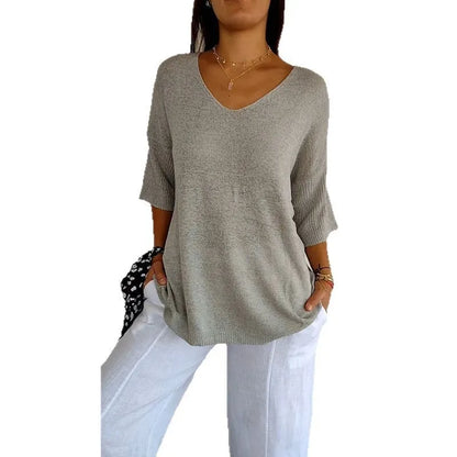 Chemise Décontractée Femme – Col V et Manches 3/4