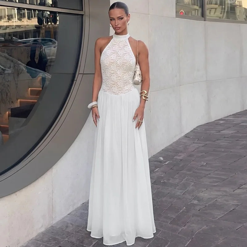 Robe longue blanche dos nu en dentelle pour femmes