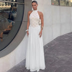 Robe longue blanche dos nu en dentelle pour femmes