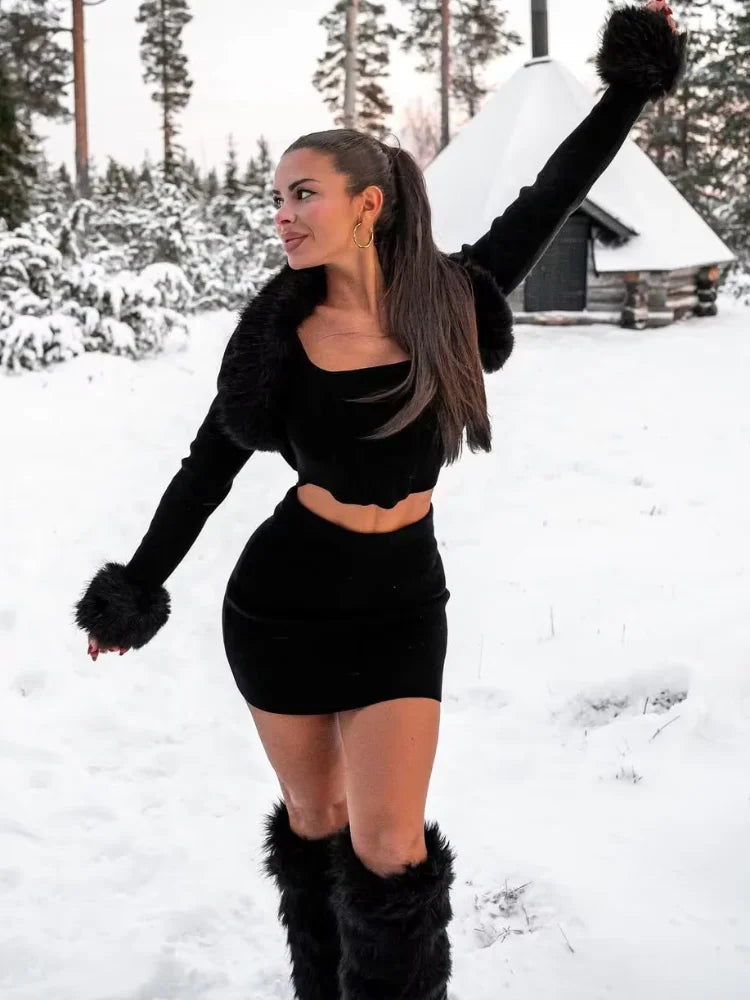 Ensemble haut Corset en Patchwork de fourrure et mini jupe pour femmes