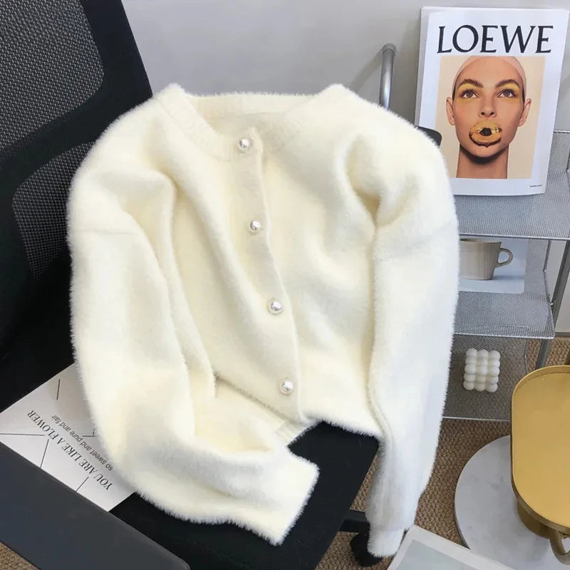 Pull cardigan en velours de vison à boutonnage simple pour femmes