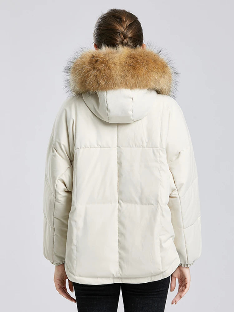 Manteau courte à capuche en fourrure de raton laveur véritable pour femmes