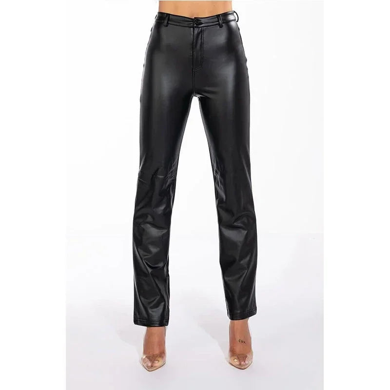 Pantalon Droit Taille Haute en Similicuir avec Poches