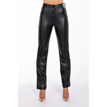 Pantalon Droit Taille Haute en Similicuir avec Poches