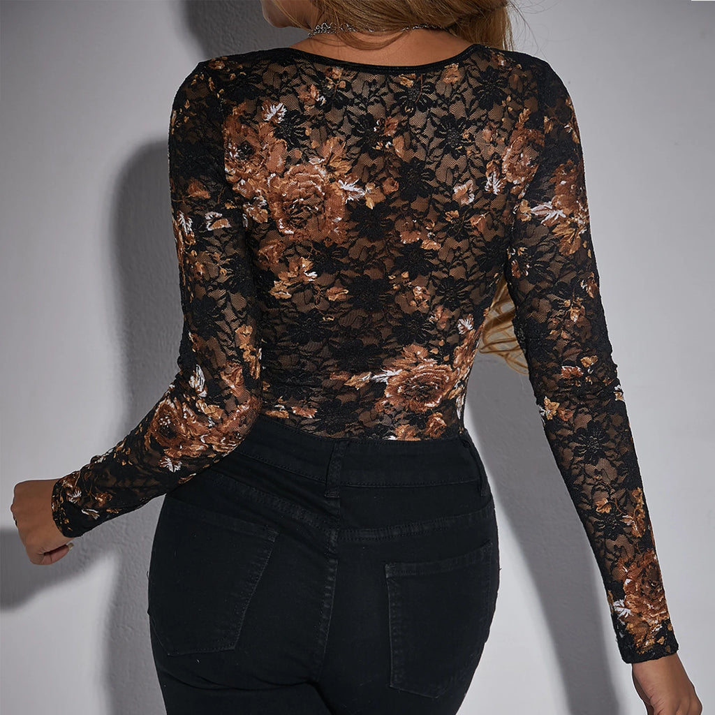 Body sexy à manches longues et col carré pour femmes