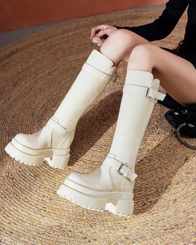 Bottes hautes en cuir véritable à fermeture éclair pour femmes