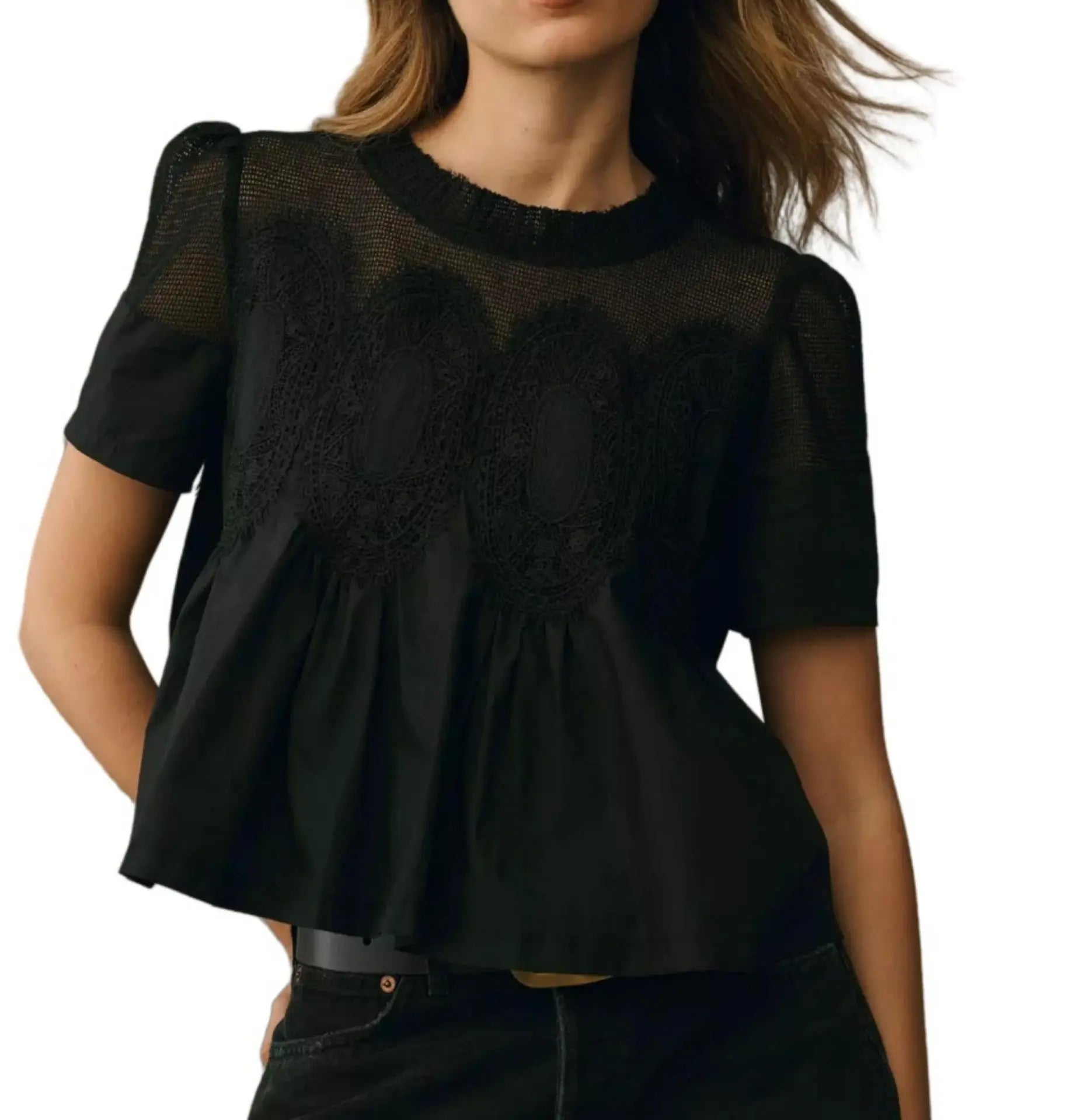 T-shirts en dentelle à col rond pour femmes