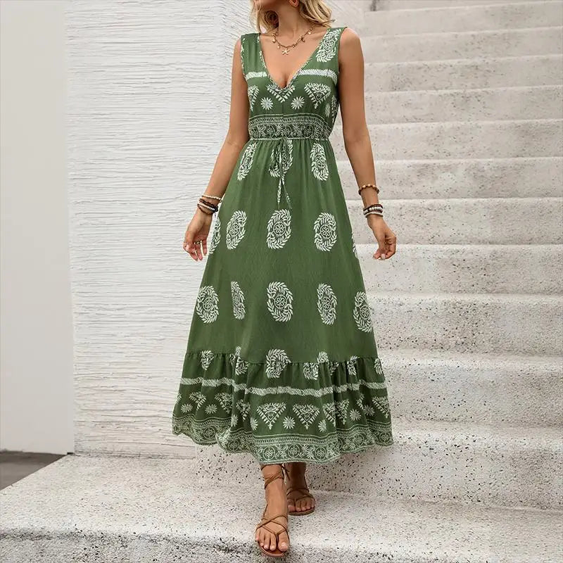 Robe longue verte à volants pour femmes