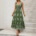 Robe longue verte à volants pour femmes