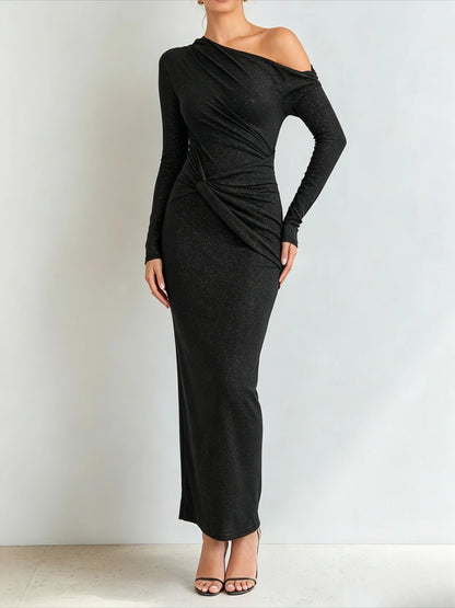 Robe Midi Scintillante Femme – Manches Longues et Épaules Dénudées