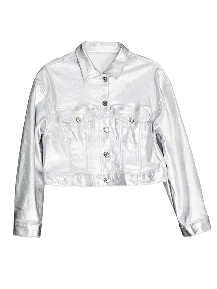Veste en similicuir argenté pour femmes