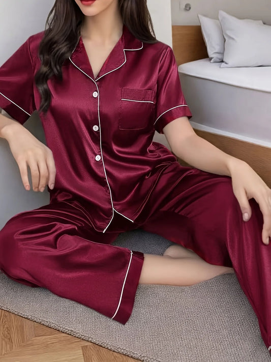 Pyjama Satiné Femme – Haut Manches Courtes et Pantalon