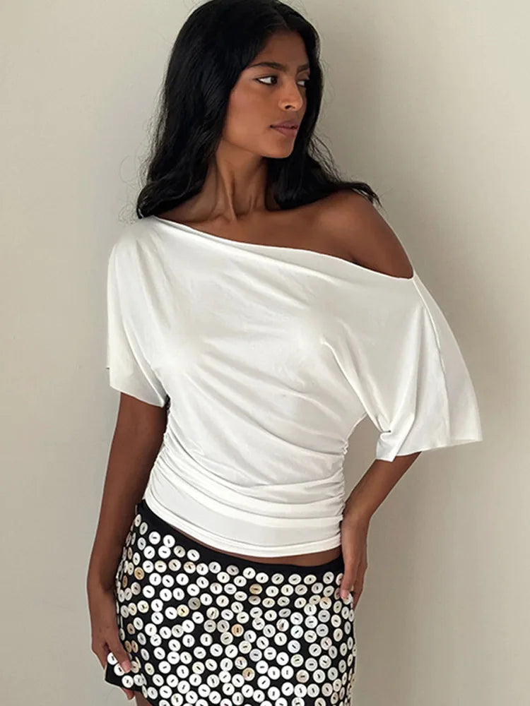 T-shirts court froncé à épaules dénudées pour femmes