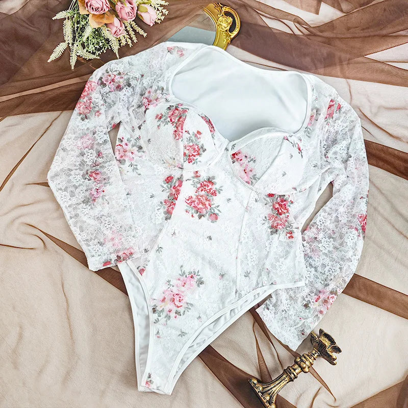 Body en dentelle grande taille transparent à manches longues sexy pour femmes