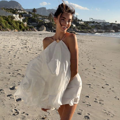 Robe de plage femme blanche dos nu en mousseline
