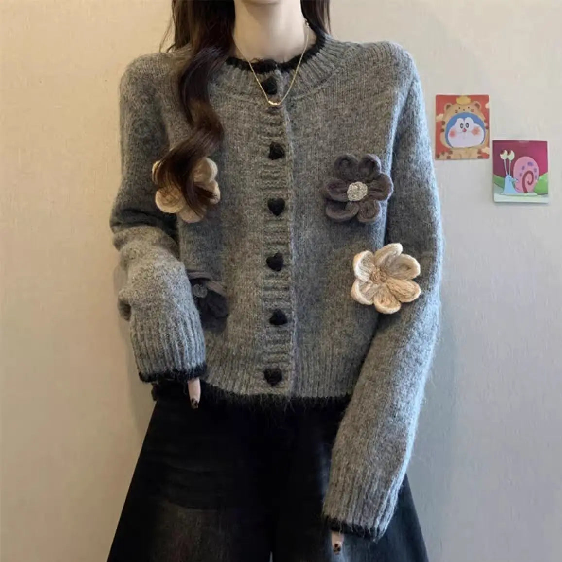Cardigan court en maille à col rond pour femmes
