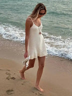 Robe mini sexy en maille crochet à col V et volants pour femmes