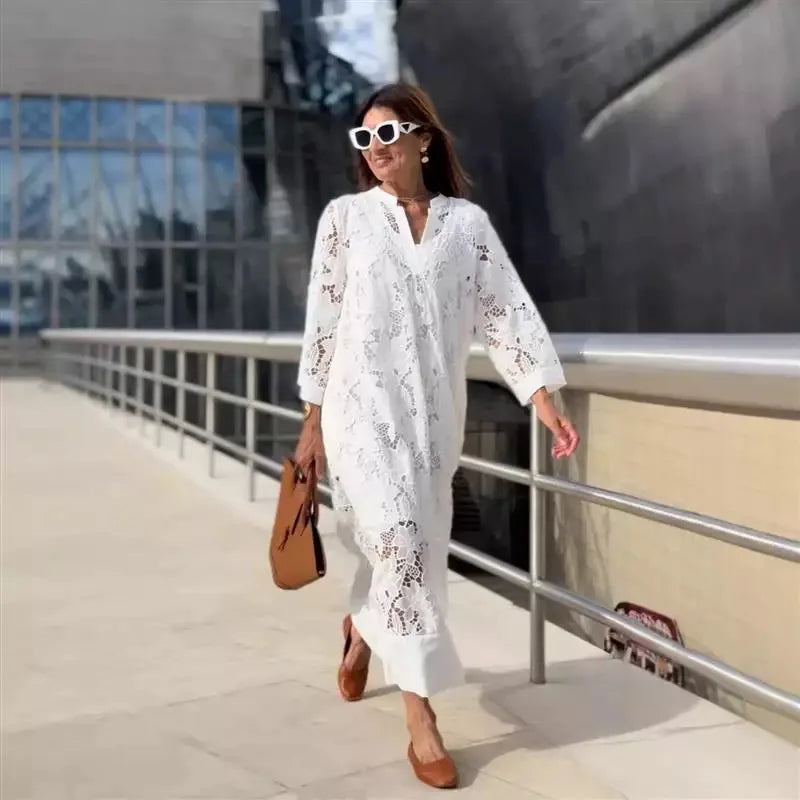 Robe midi en dentelle crochetée à appliqués floraux 3D pour femmes
