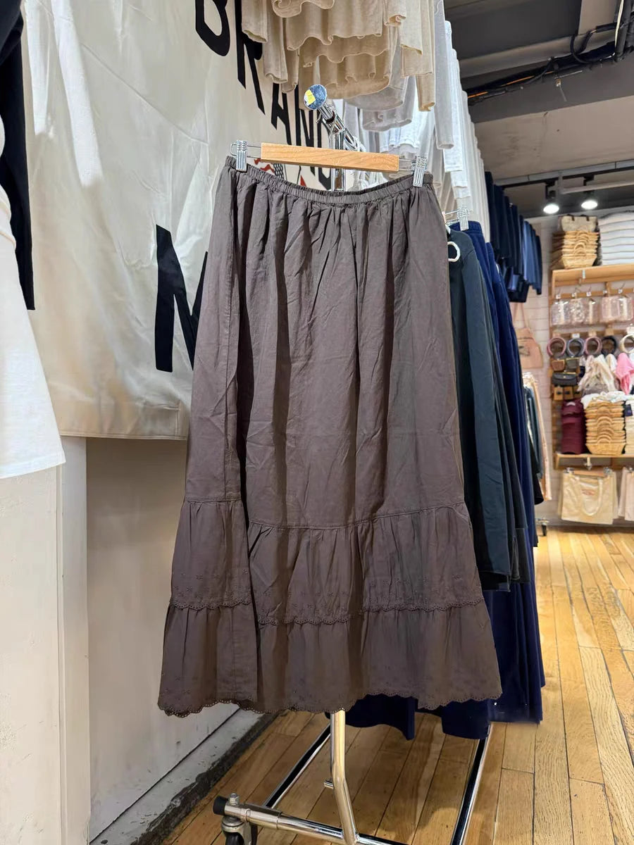 Jupe longue à ourlet brodé de fleurs marron pour femmes