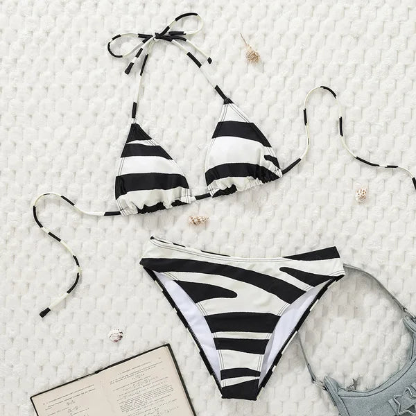 Maillot de bain deux pièces brésilien imprimé à pois noirs et blancs pour femmes