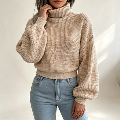 Pull Côtelé Femme – Col Roulé et Manches Lanterne