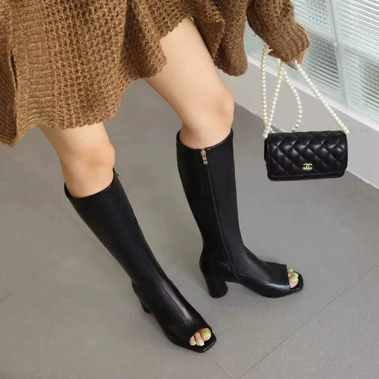 Bottes hautes en cuir verni à bout ouvert pour femmes