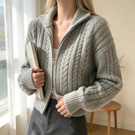 Cardigan Zippé Femme – Manches Bouffantes