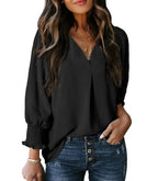 Chemise à col en V et manches longues lanterne pour femmes