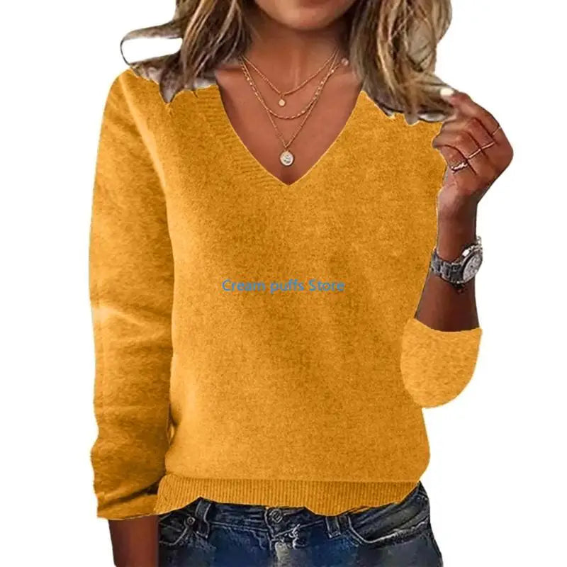 Pull en tricot côtelé doux à col en V pour femmes