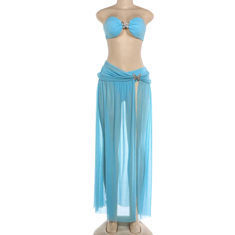 Ensemble bikini 3 pièces jupe et haut bustier papillon transparent fendu pour femmes