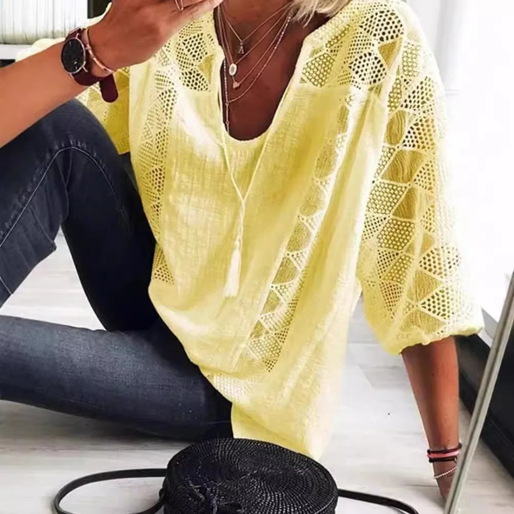 T-shirt à col U et manches trois-quarts pour femmes
