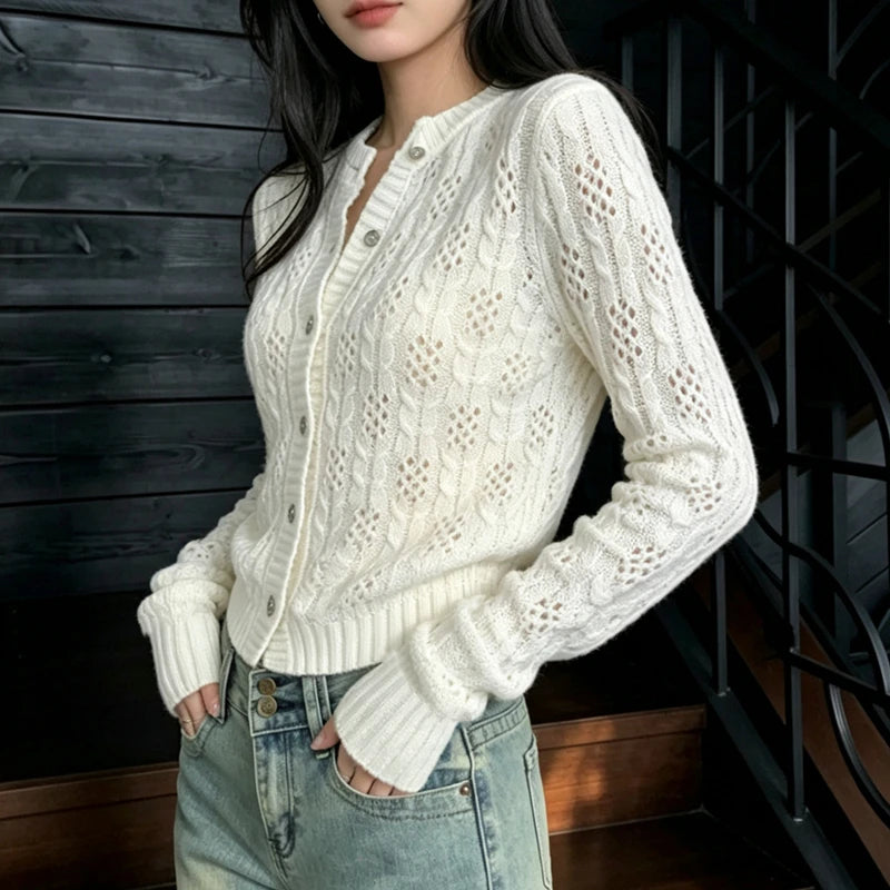 Cardigan Court Ajouré Femme – Style Coréen