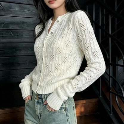 Cardigan Court Ajouré Femme – Style Coréen