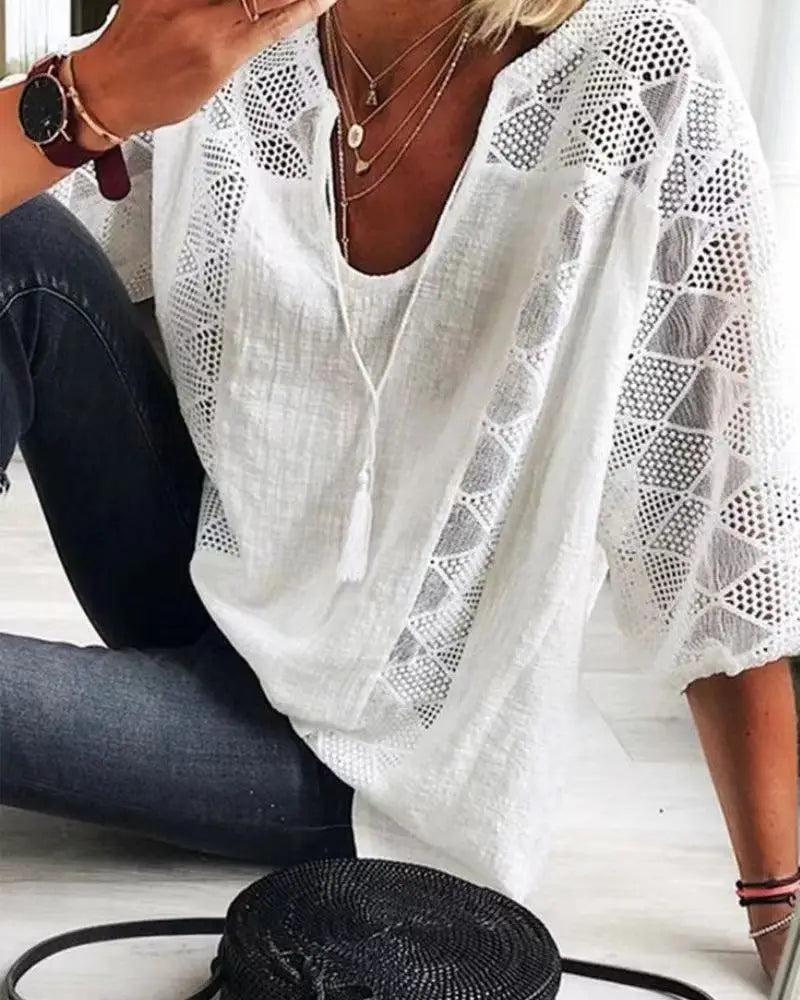 T-shirt à col U et manches trois-quarts pour femmes