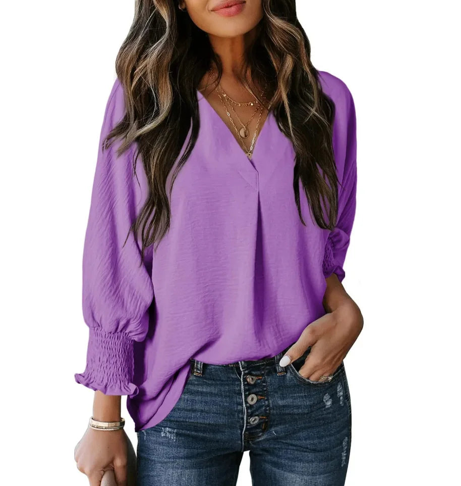 Chemise à col en V et manches longues lanterne pour femmes