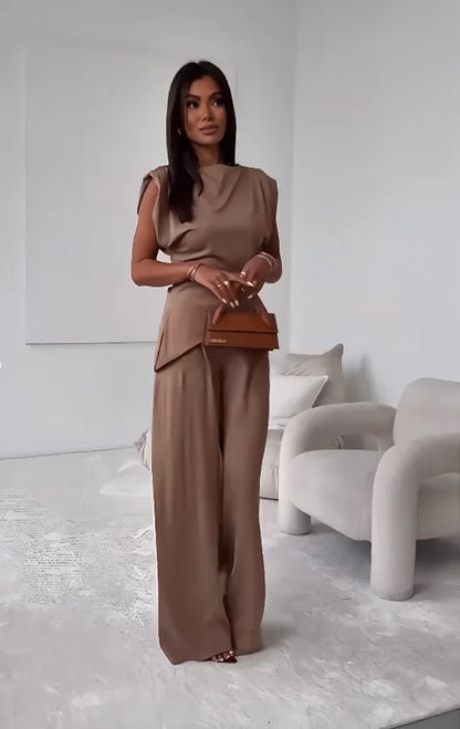 Ensemble 2 Pièces Femme – Haut Asymétrique et Pantalon Large