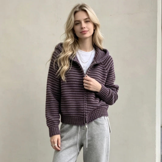 Cardigan Zippé à Capuche Femme – Maille Rayée