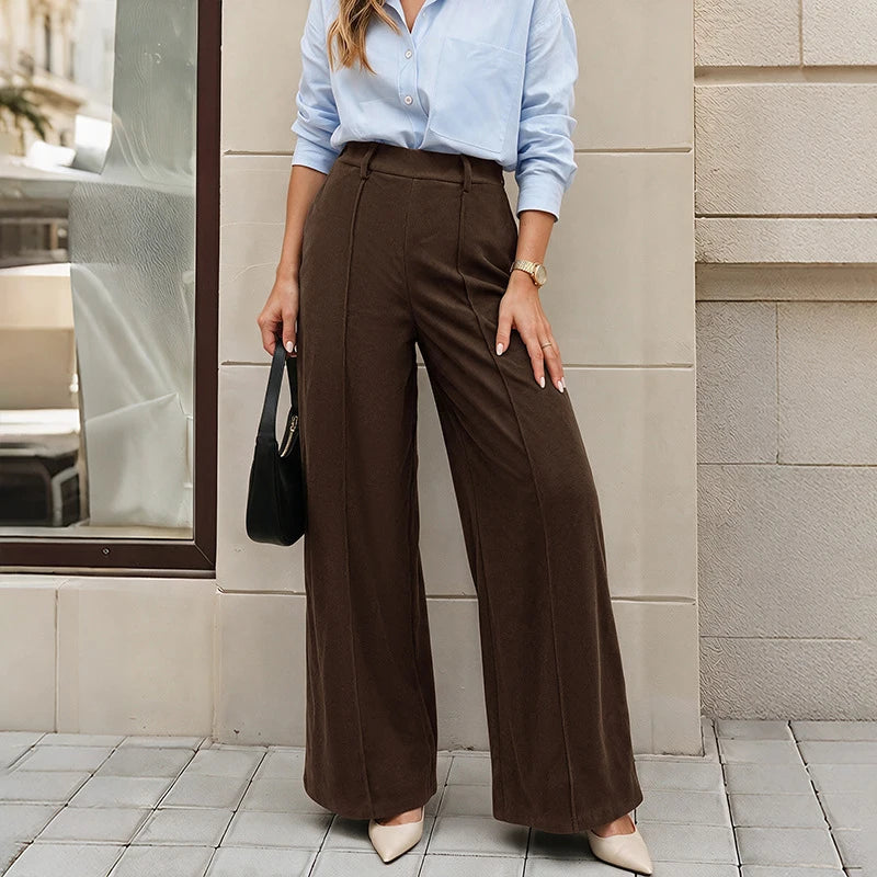 Pantalon large en velours côtelé à taille haute pour femme