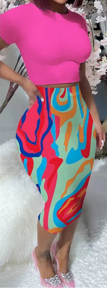 Ensemble deux pièces hauts enveloppants aux hanches, jupe mi-longue pour femmes