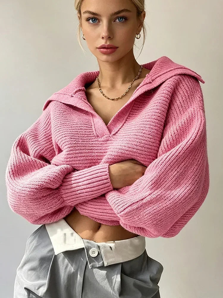 Pull en Maille Femme – Col V et Manches Lanternes