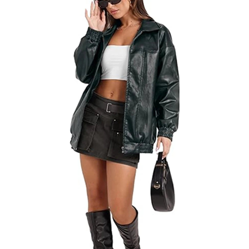 Vestes en Faux cuir Pu à fermeture éclair pour femmes