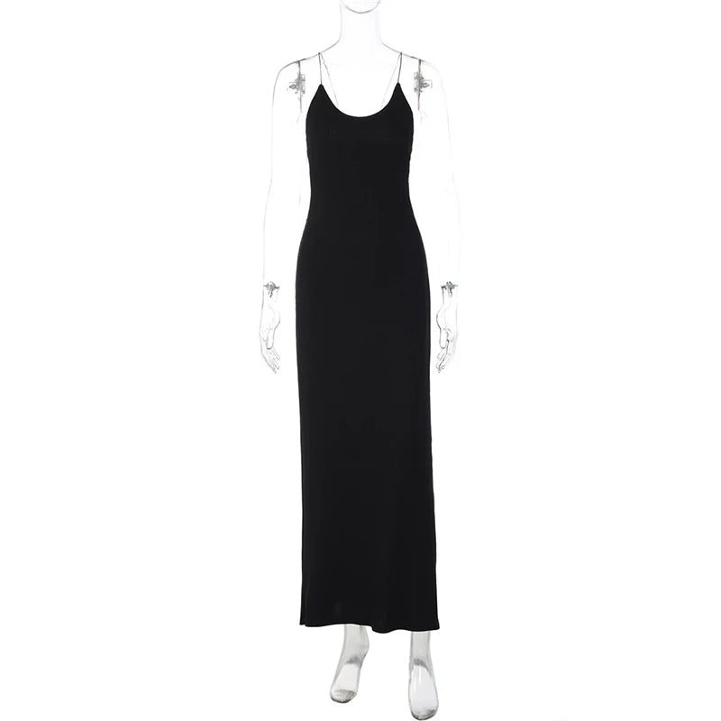 Robe longue femme noire ajustée dos nu à fines bretelles