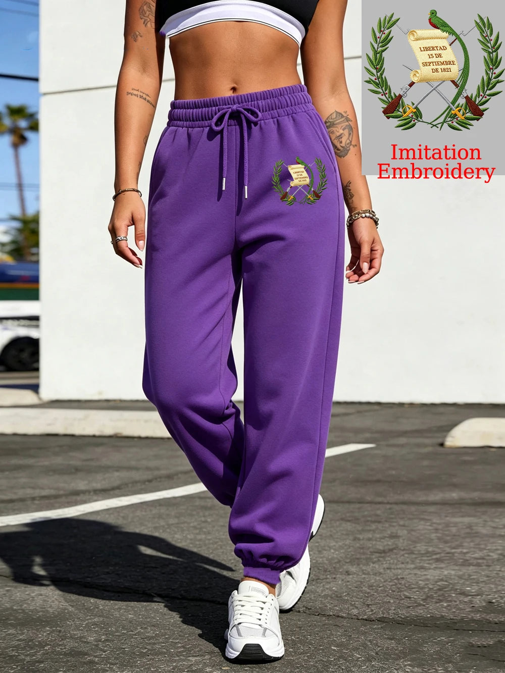 Pantalon de jogging basique en polaire à taille élastique et imprimé emblème du Guatemala pour femmes