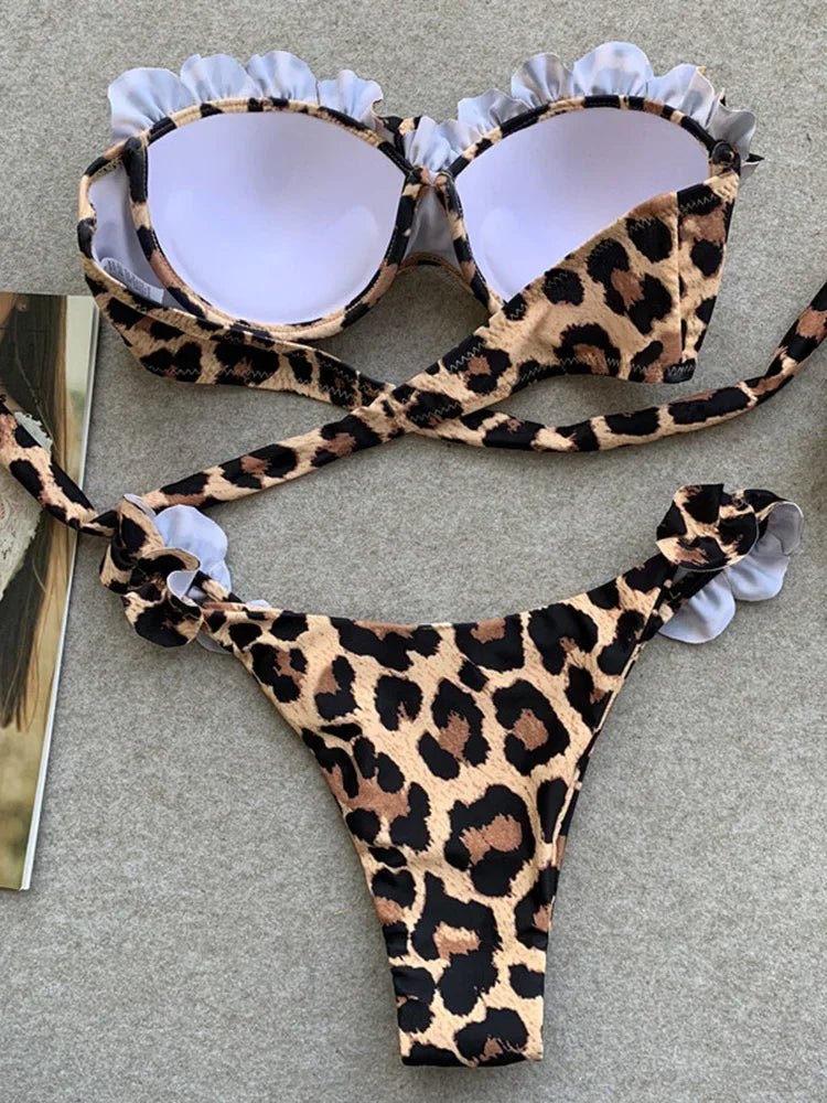 Ensemble maillot de bain deux pièces léopard à volants pour femmes