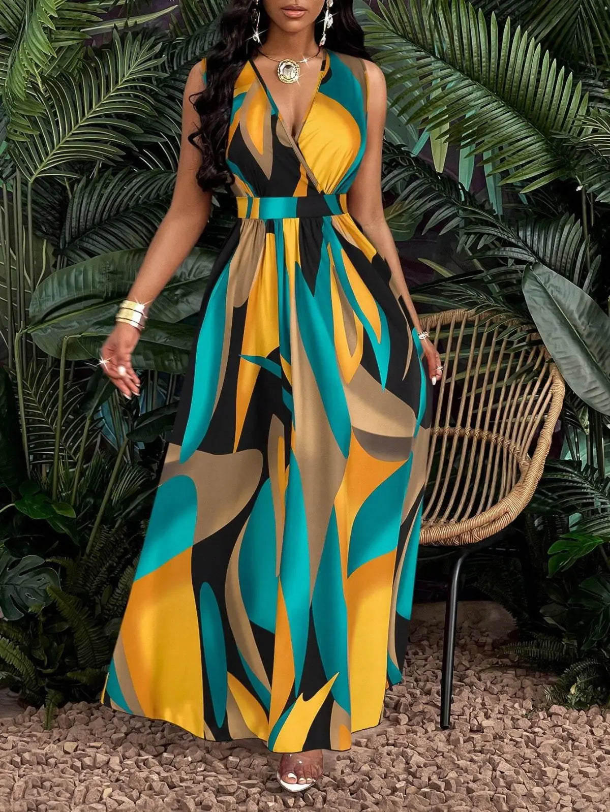 Robe longue imprimé tropical pour femmes