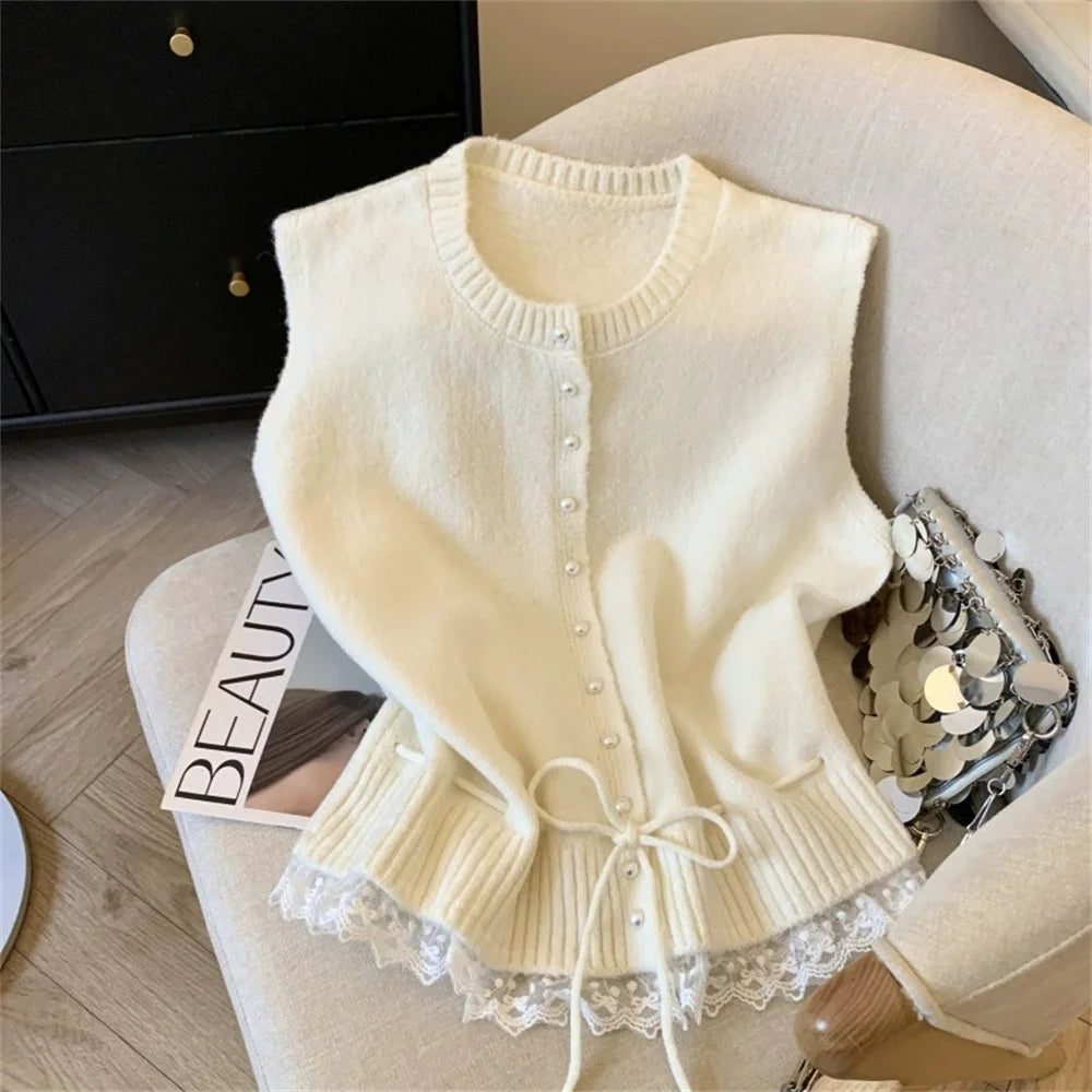 Pull à col rond et bretelles en dentelle pour femmes